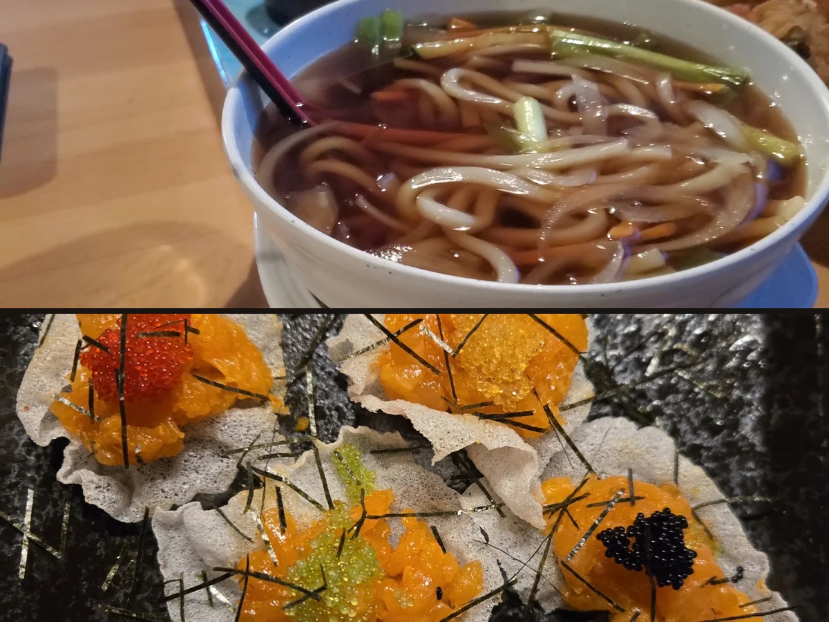 Hibachi meal beside a bowl of soup.